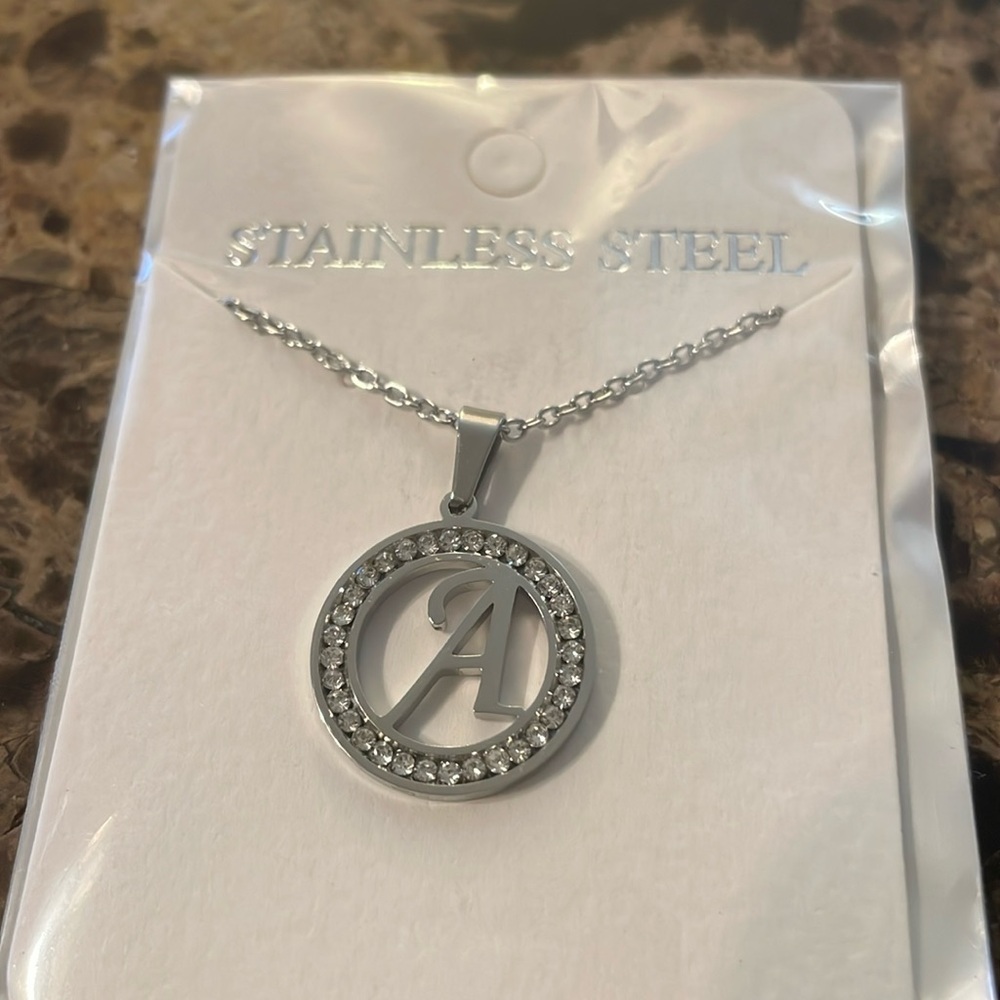 A Initial Rhinestone Silver Necklace